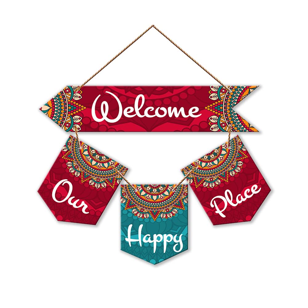 Artvibes Welcome Our Happy Place Wooden Wall Hanger For Gateway | Quotes Decor Item | Door Quotes Hanging | Wall Poster | Modern