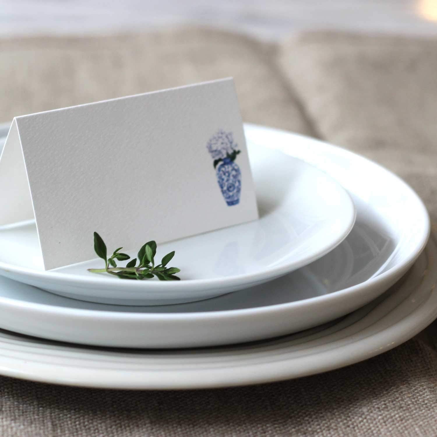 Nancy Nikko Place Cards With Blue And White Ginger Jar With White Flowers, Table Tent Style, Scored For Easy Folding. Available