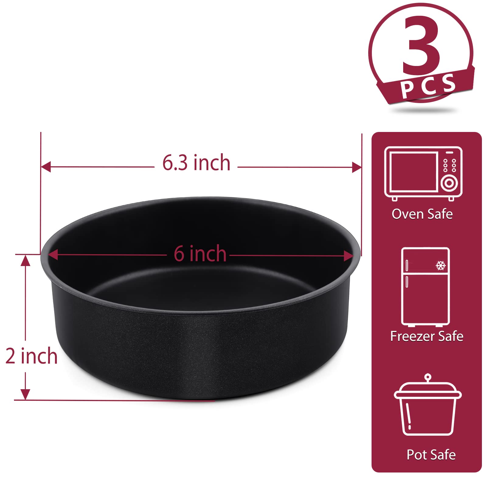 P&P Chef 6 Inch Cake Pans Set Of 3, Non-Stick Round Baking Pans Bakeware For Layered Cakes, Non-Toxic, Stainless Steel Core & Le