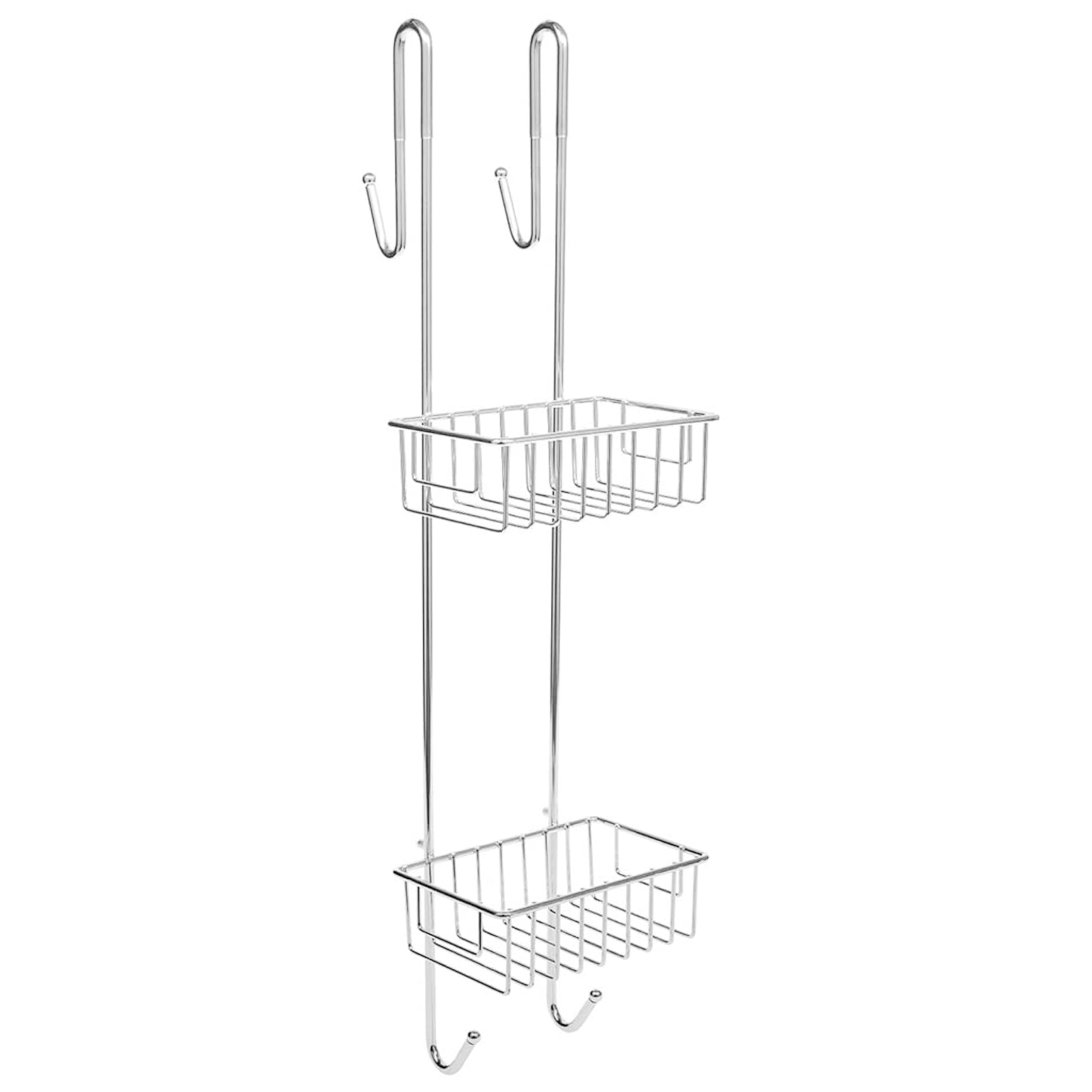 Bamodi Shower caddy Hanging - 2 Tier Over Door chrome Plated - No Drilling Required - Fits Shower Screens up to 078 inches - Hangable Shower Rack with 2 Towel Hooks (275 x 75 x 73 INcHES)