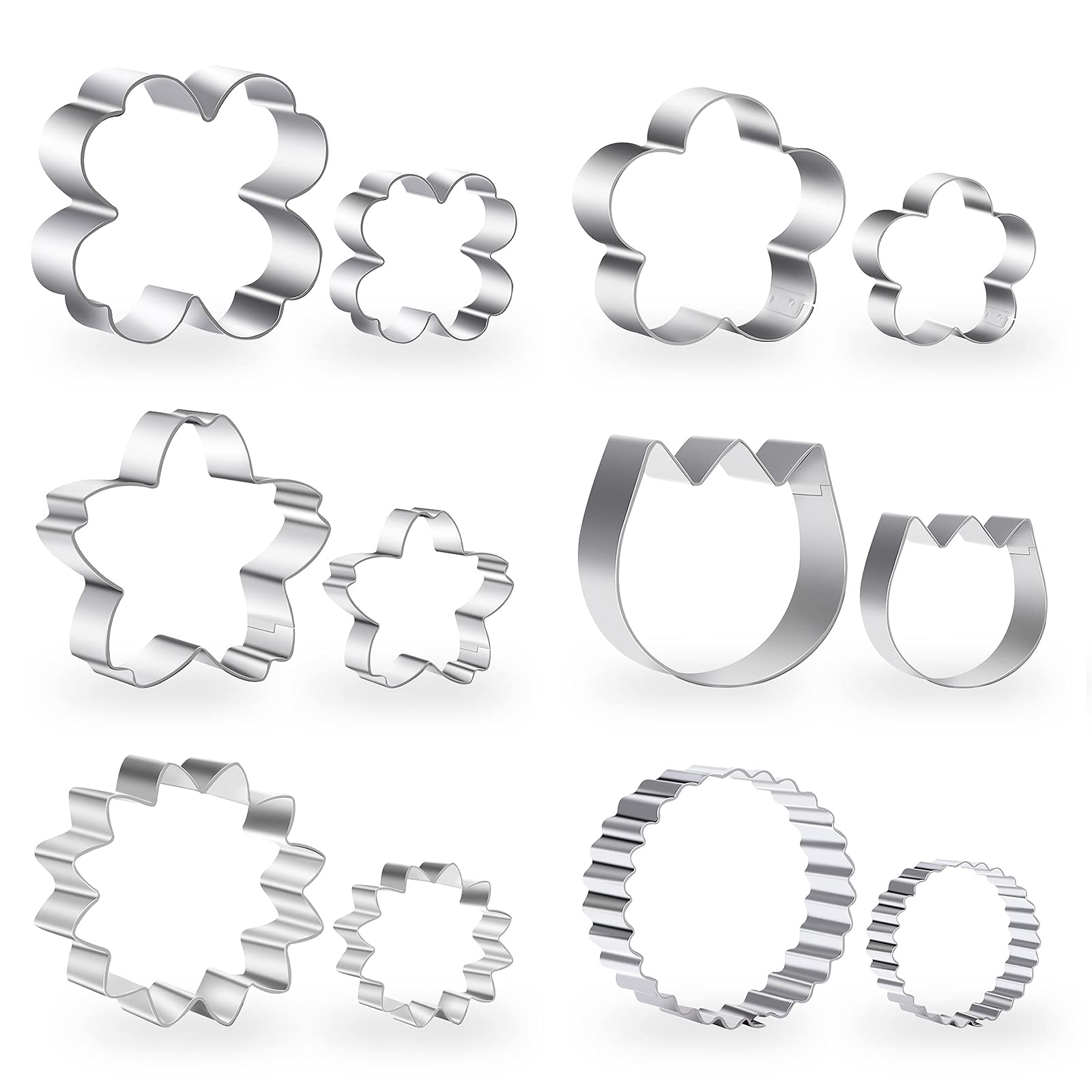 Flowers Cookie Cutter Set -12 Pieces - Plum Blossoms, Clover, Tulip, Cherry Blossoms, Sawtooth Circle, Sunflower Biscuit Fondant