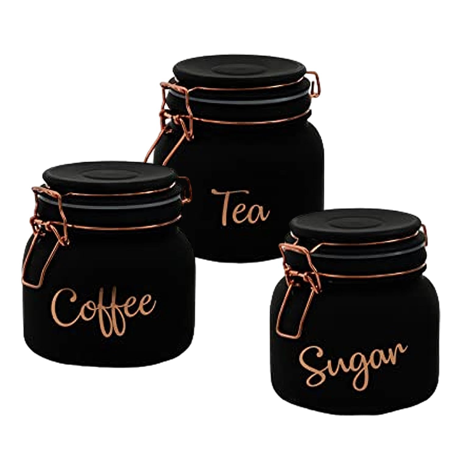 Divyahem Corner Tea Coffee Sugar Storage Jars Set Of 3 With Airtight Lid, Glass Base And Metal Top, Labeled Containers For Kitch