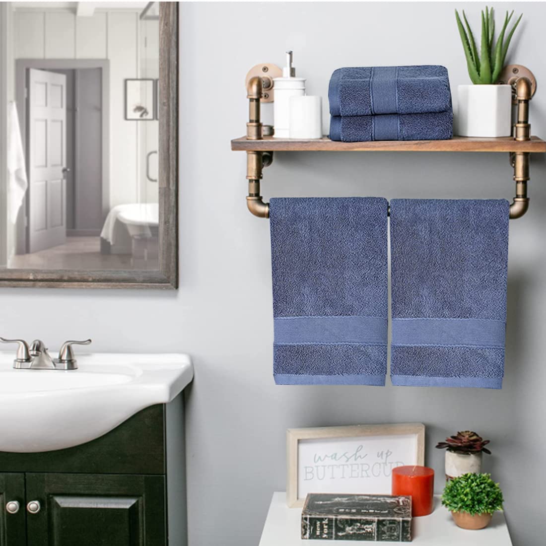 Lchkrep Bathroom Hand Towels (14x30 inch)  Home Soft 100% Cotton Super Soft Highly Absorbent Hand Towels for Bath  Hand  Face  Gym and Spa (Navy Blue 2 Pack)
