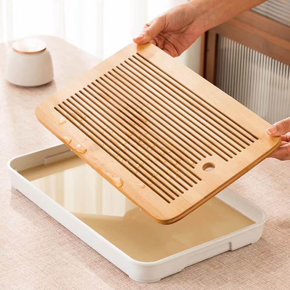 14 Inch Bamboo Chinese Gongfu Tea Tray Table Box With Water Storage For Kungfu Tea Set (Style 5 White)