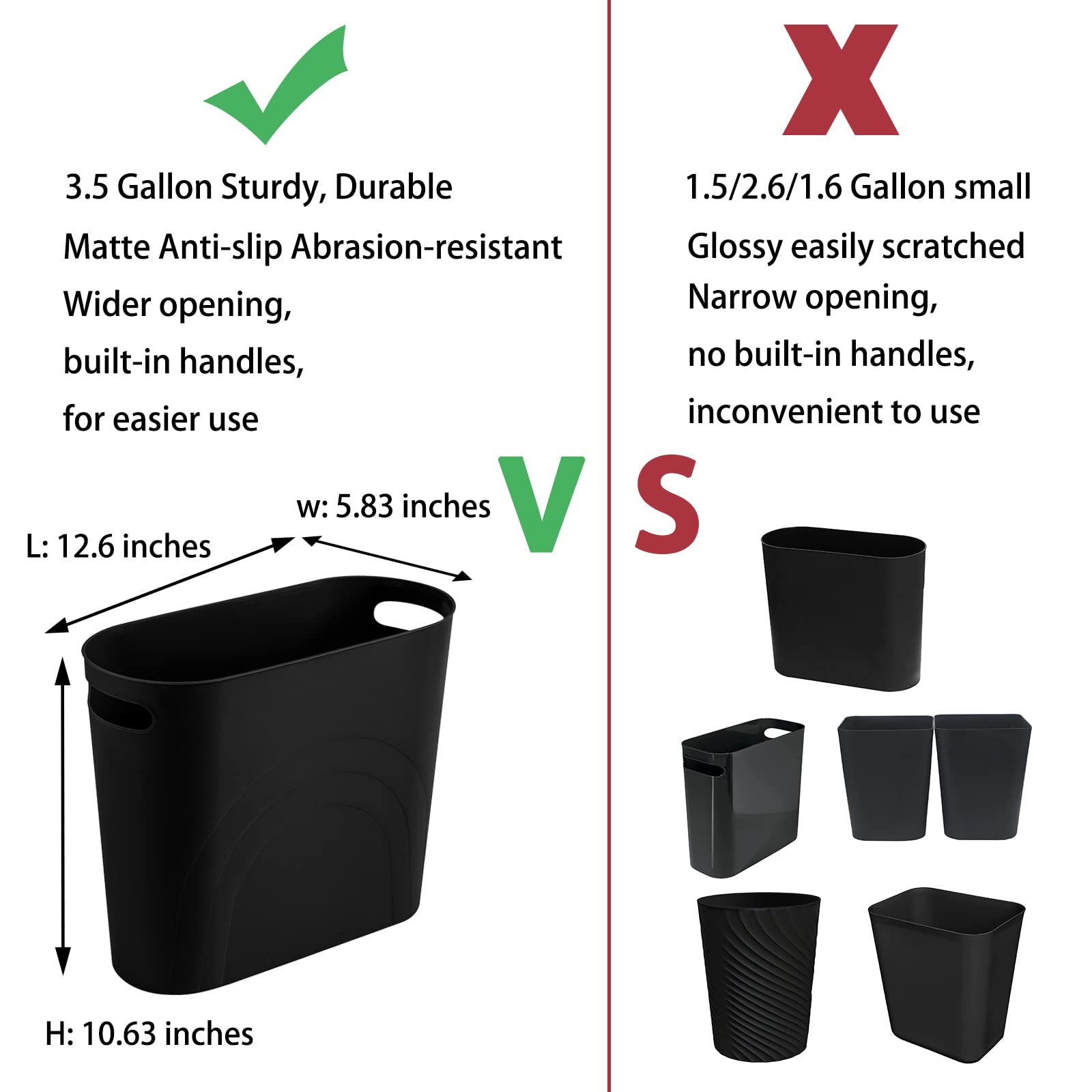 Rejomiik Small Trash Can, Slim Garbage Can Plastic Waste Basket With Handles 3.5 Gallon Container Bin For Narrow Spaces Bathroom