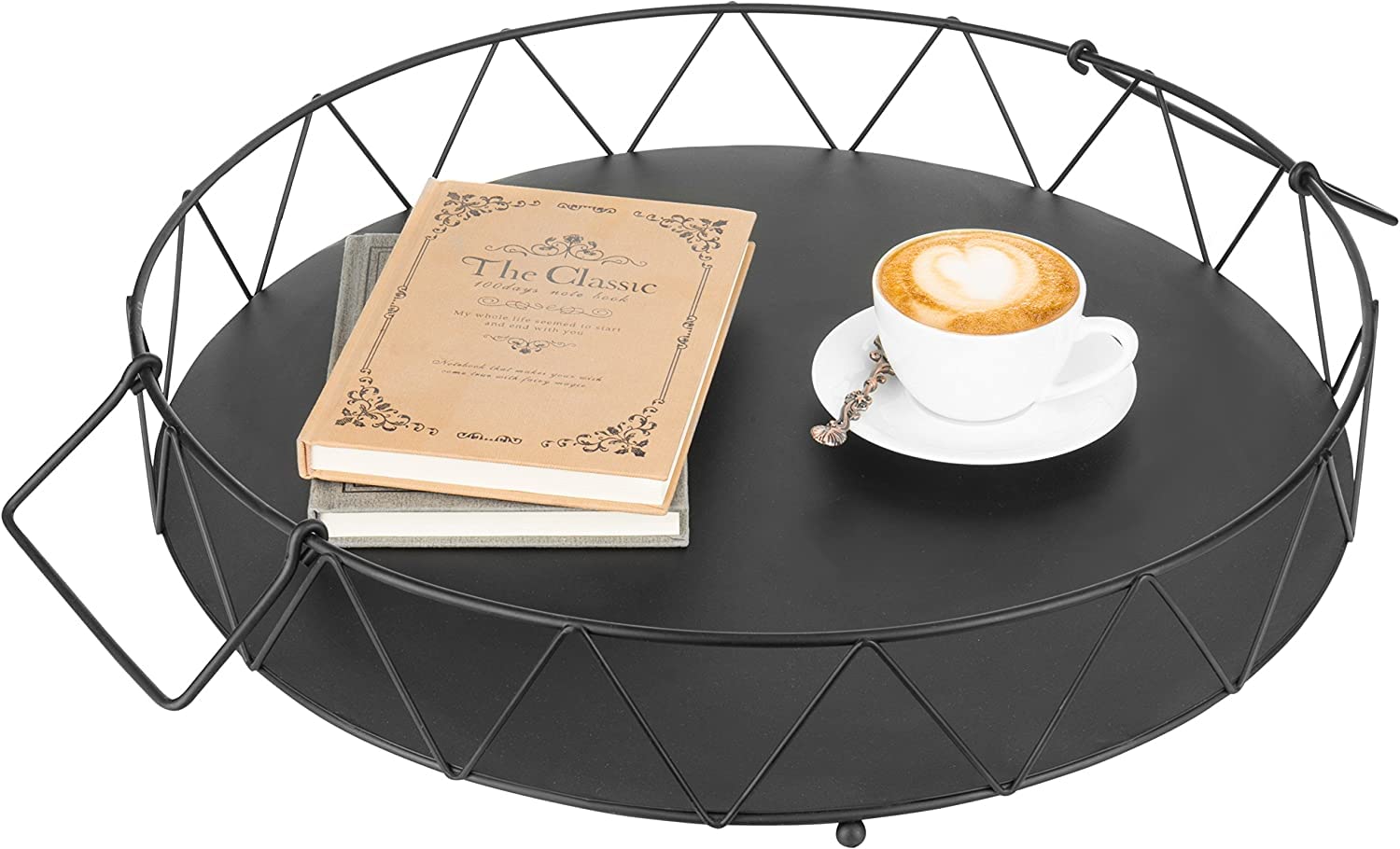 Indian Decor 20895 Metal Wire Decorative Serving Tray With Handles, Round Coffee Table Tray For Decorations  Black
