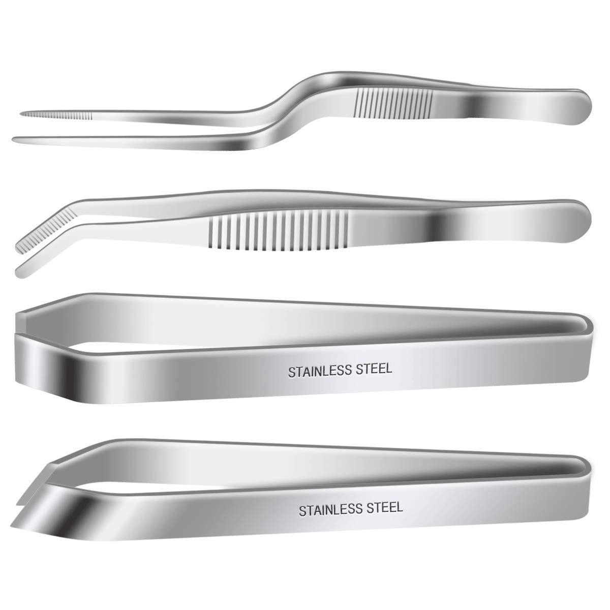 4 Pieces Fish Bone Tweezers Set, Two 4.6'' Stainless Steel Tweezer And Two 5.5'' Tongs For Cooking Food Design Styling.