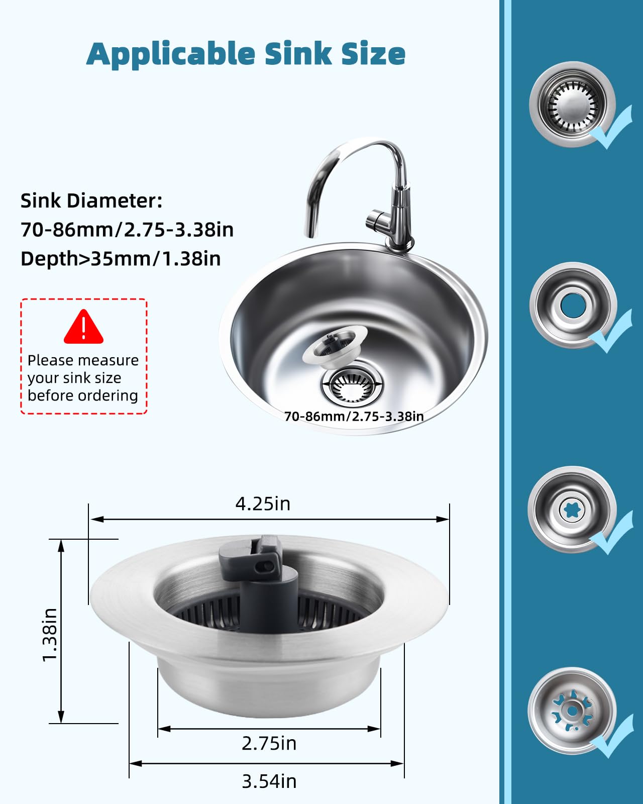 Universal Kitchen Sink Stopper Strainer Combo 3 In 1 Use, 304 Stainless Steel Pop Up Sink Drain Strainer With Upgrade Folded Rod