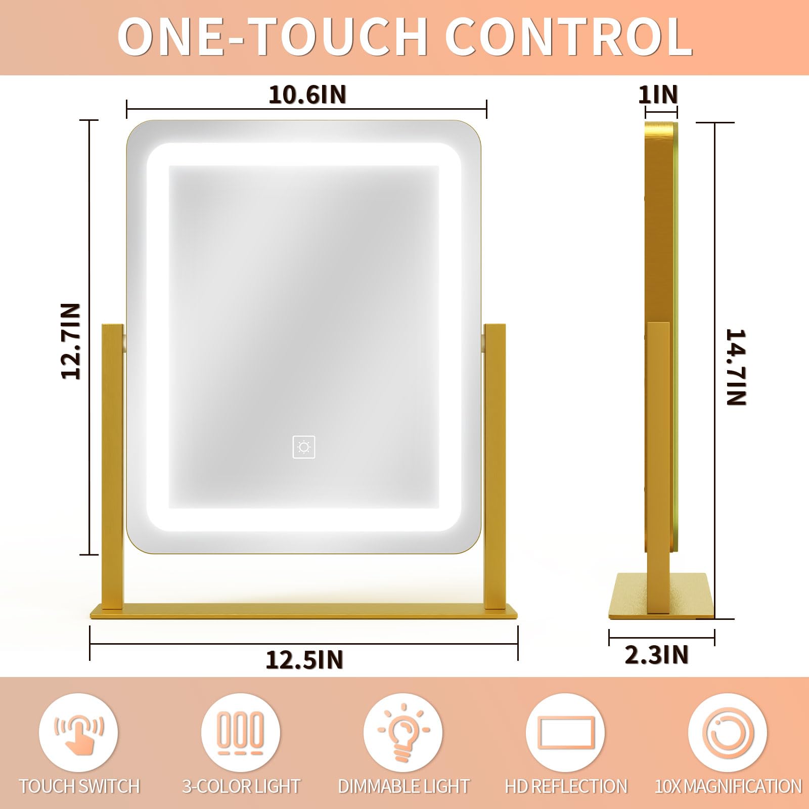 HNV Vanity Mirror with Lights - 15 x13  LED Lighted Makeup Mirror, Dimmable Touch Screen with 3-Color Lighting, 360 Rotation, Go