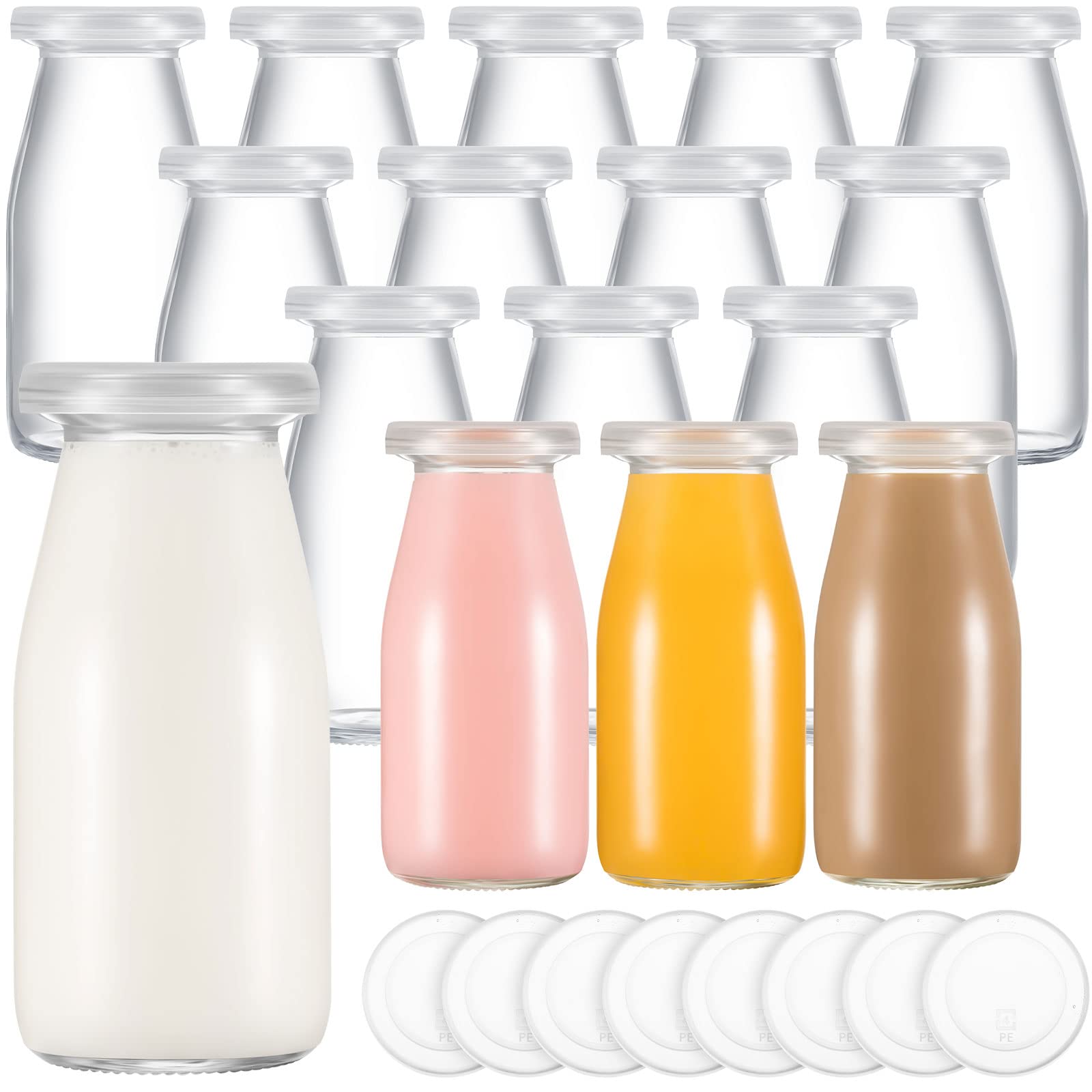 12 Pack Small Glass Milk Bottle Clear Mini Glass Bottles with Lids Glass Juice Bottle Reusable Small Milk Jar Vintage Breakfast 