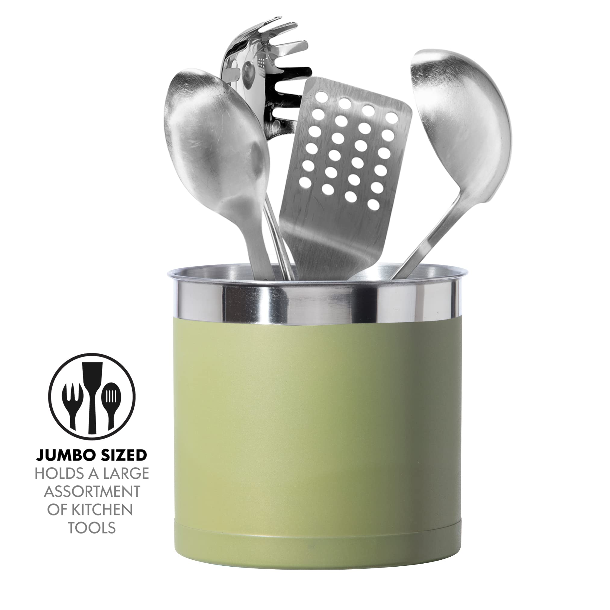 Oggi Stainless Steel Jumbo Utensil Holder - 7'' Utensil Caddy  Weighted Base for Stability - Extra Large Utensil Crock and Countertop Utensil Organizer  Olive