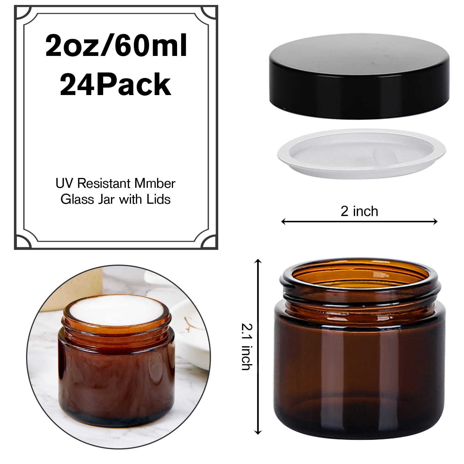 2oz Jars with Lids  Hoa Kinh 24 Pack Amber Glass Jars with Lids Empty Cosmetic Containers Round Airtight Glass Jar with Inner Liners and black Lids for Storing Lotions  Powders  and Ointments