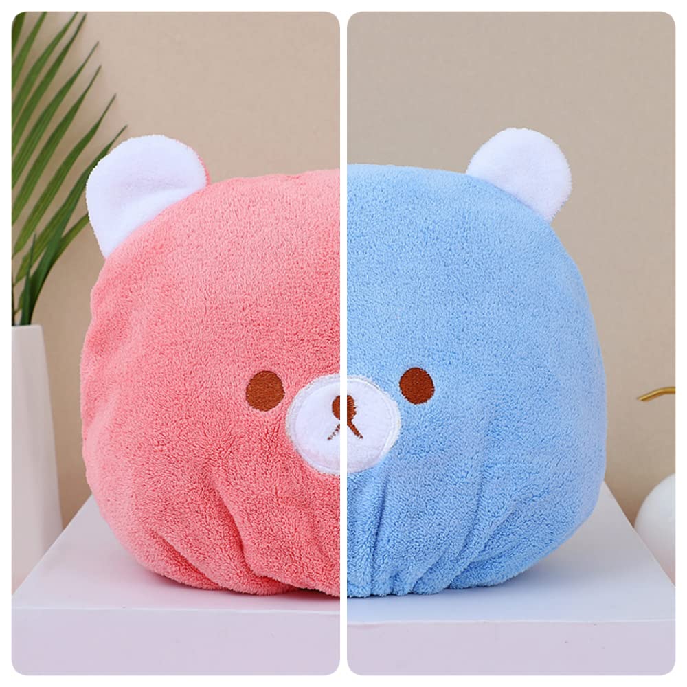 JLEivvi 2PCS Hair Towel Wrap Cute Bear Dry Hair Caps Hair Drying Wrap Towel Bath Head Wrap Drying Turban Cap for Women, Girls, C