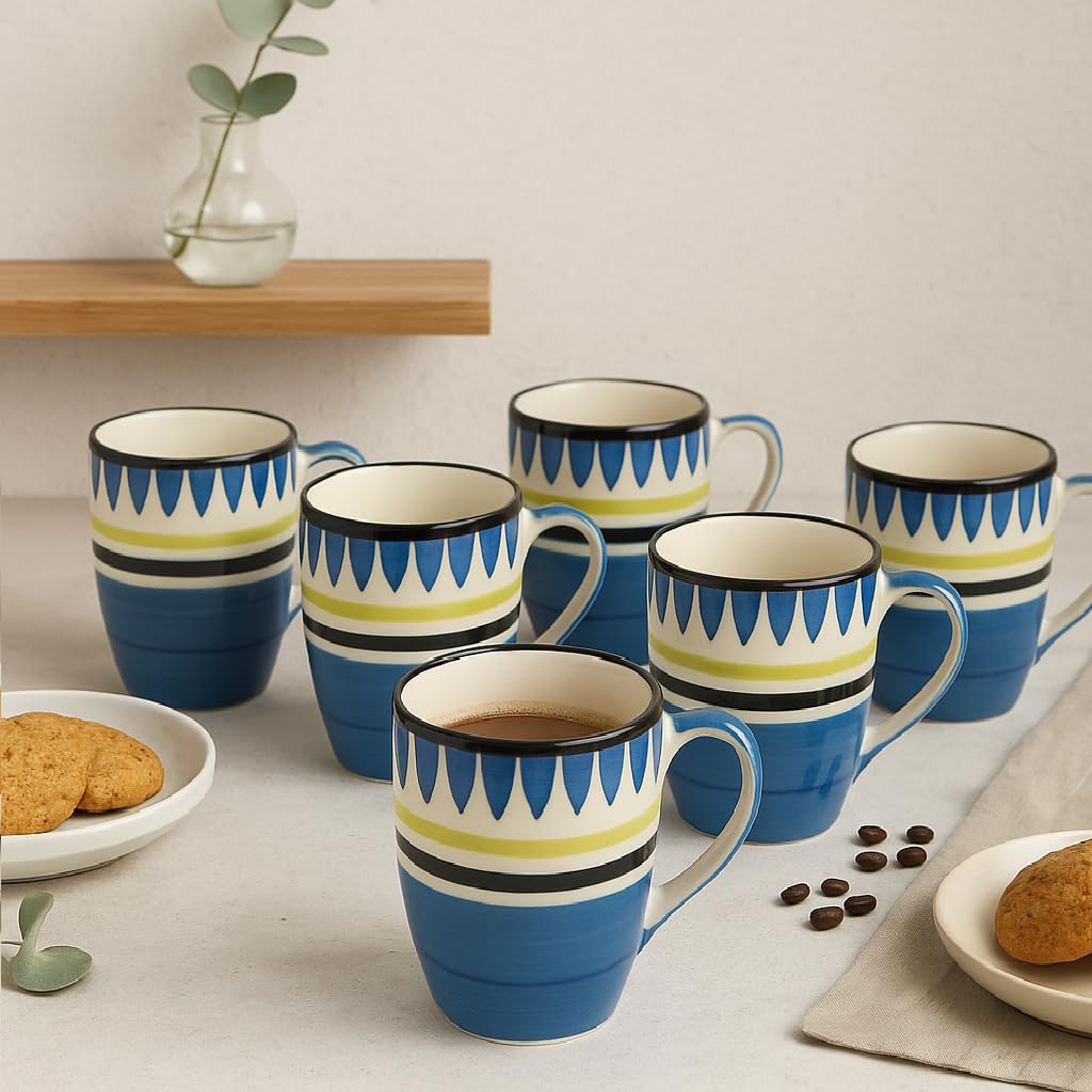 KITTENS zure Mosaic?Ceramic Mug Set of 6  275ml Handcrafted & Handpainted Tea & Coffee Cups, Blue Stoneware, Food Grade, LeadF