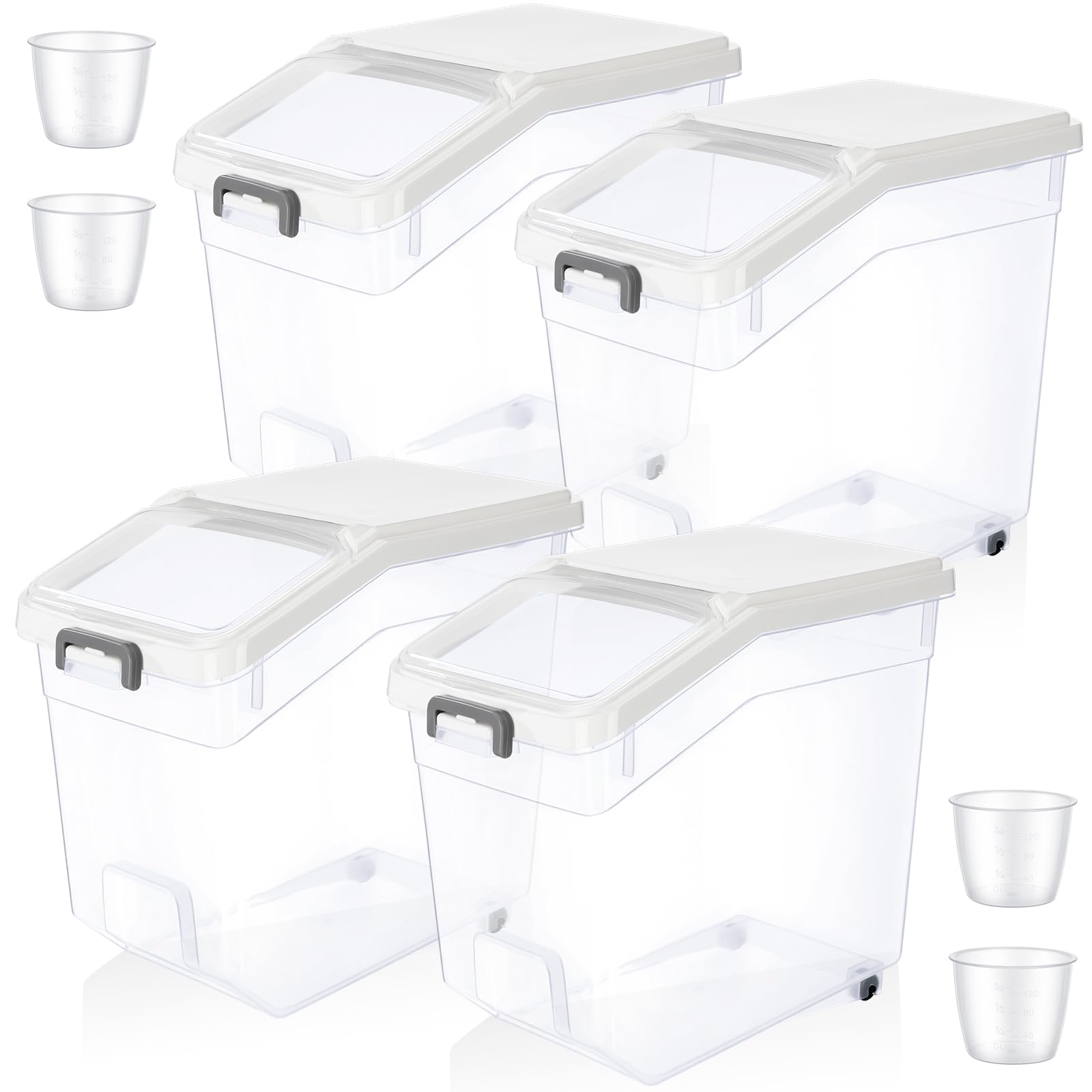 Sunnyray 4 Pcs Rice Storage Container 38 lb Flour Container with Wheels Measuring Cup Clear Pet Food Bin Dog Birds Cat Food Bin 