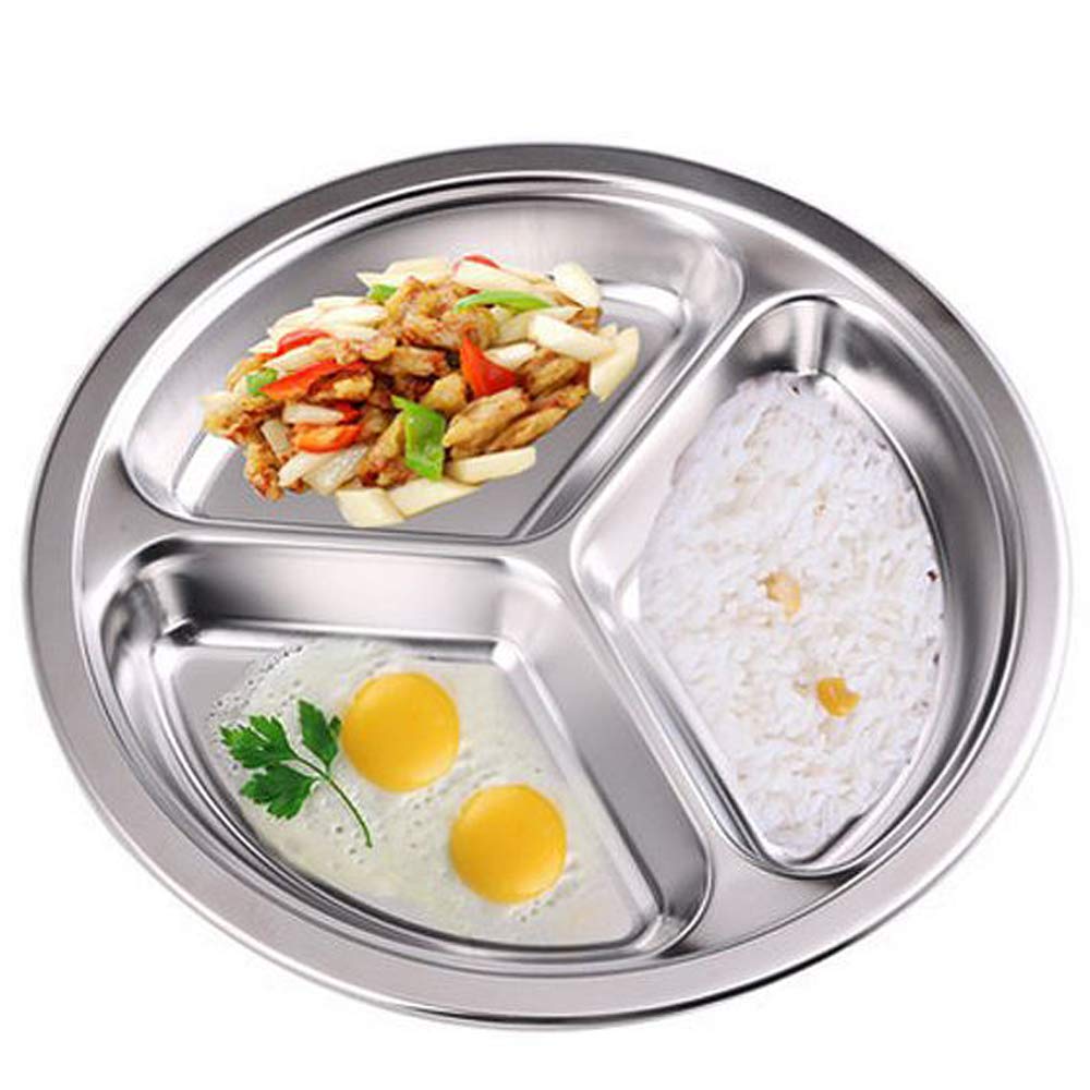 Aiyoo 304 Stainless Steel Dinner Plate Three Sections Round Divided Portion Control Plates Set Of 2 Mess Food Trays Camping Serv