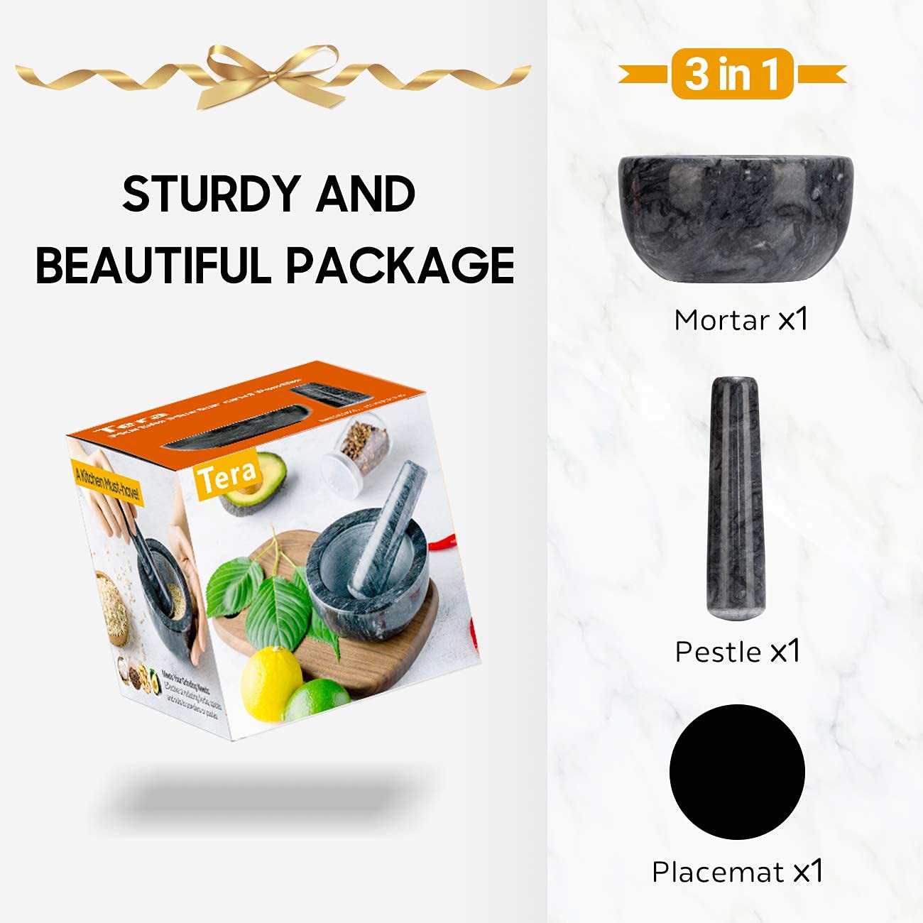 Tera Marble Mortar And Pestle Set Small Bowl Solid Stone Grinder Spice Herb Grinder Pill Crusher (Black, Diameter 4.64'')