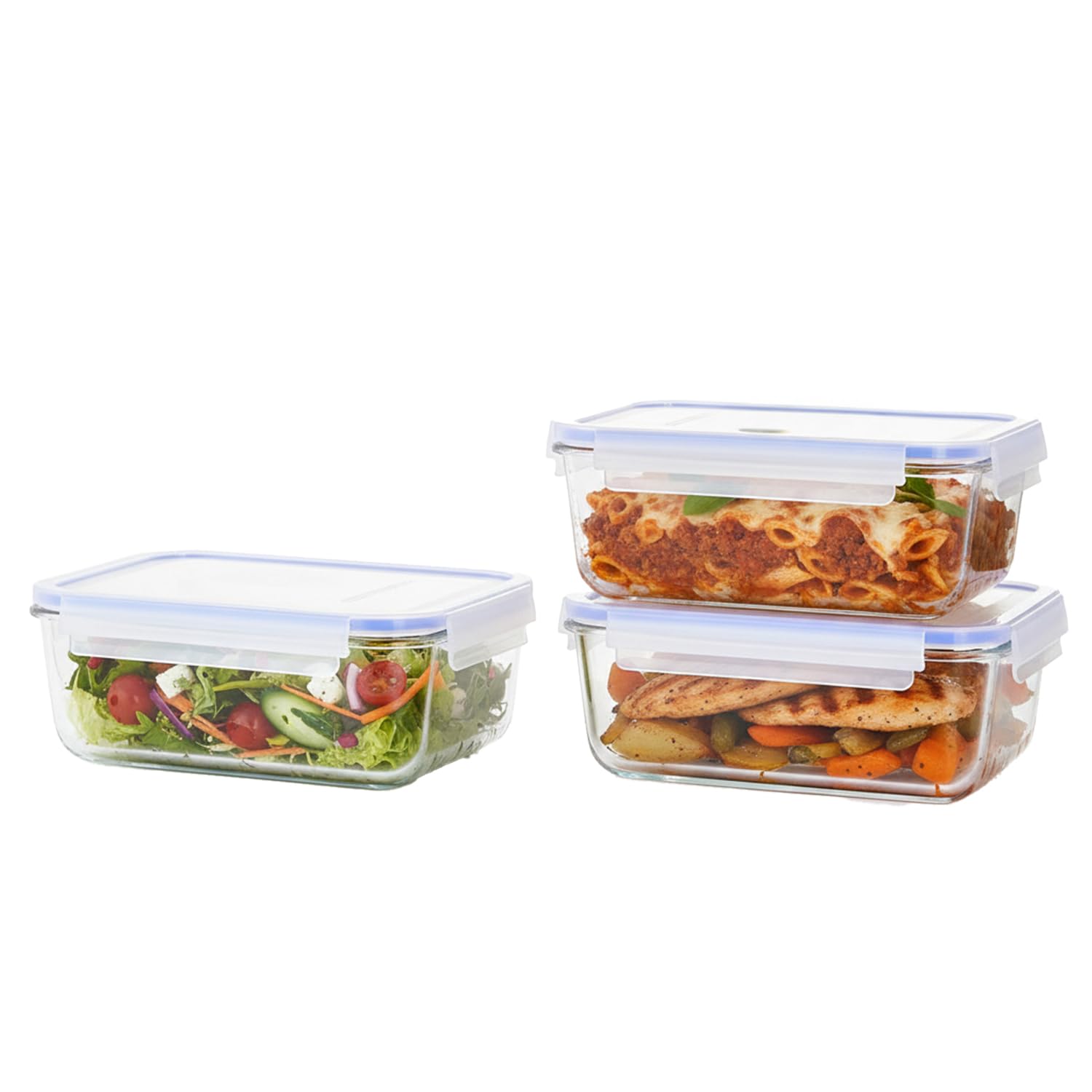 Amazon Brand  Solimo Rectangular Glass Food Storage Container, 1900 Ml  Set Of 3, Airtight, Microwave & Freezer Safe, Transpar