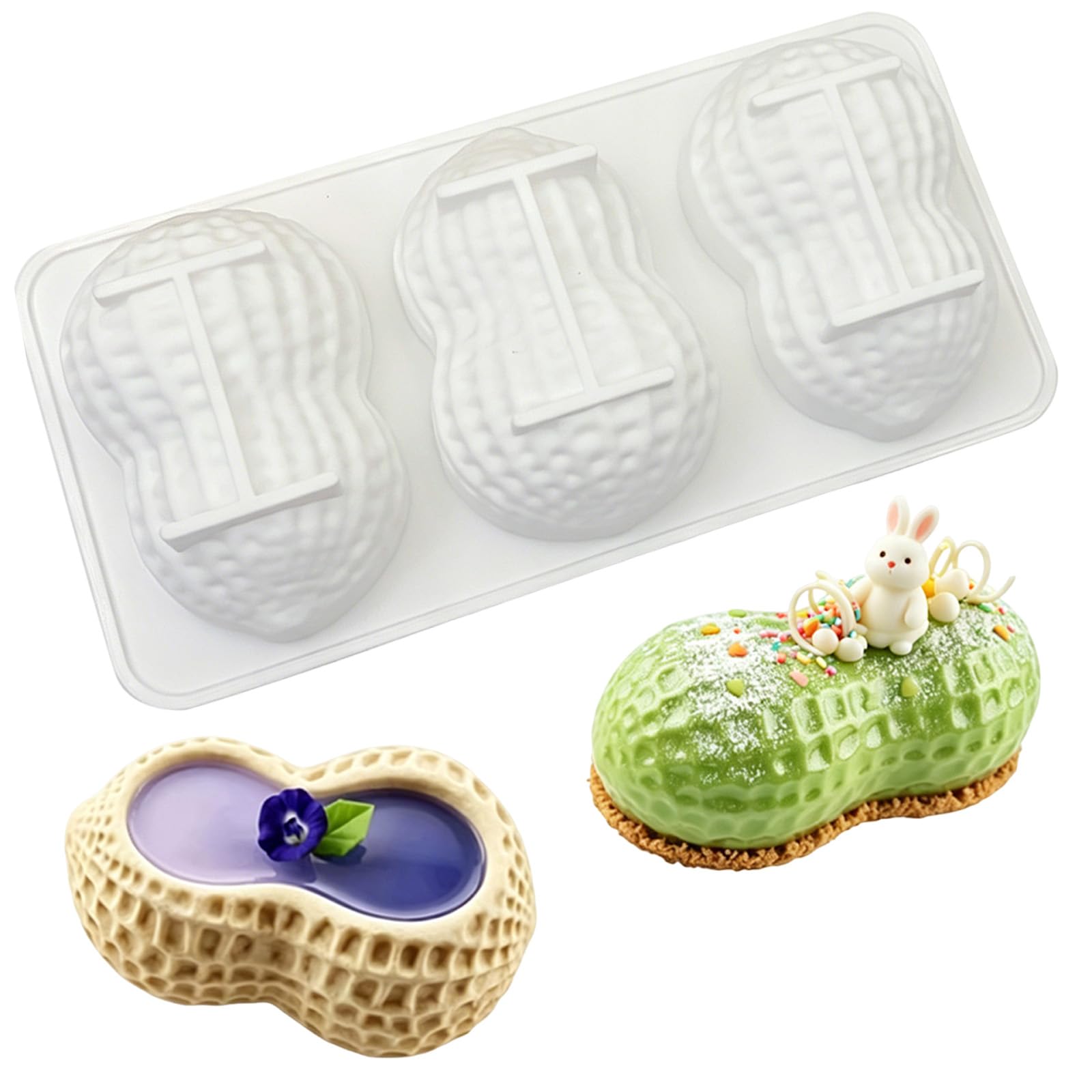 Jiasikaa 3 Cavity Peanut Silicone Mold Non Stick Baking Tray for Cakes Mousse Cake Decoration Chocolate and Pastries Peanuts Sha