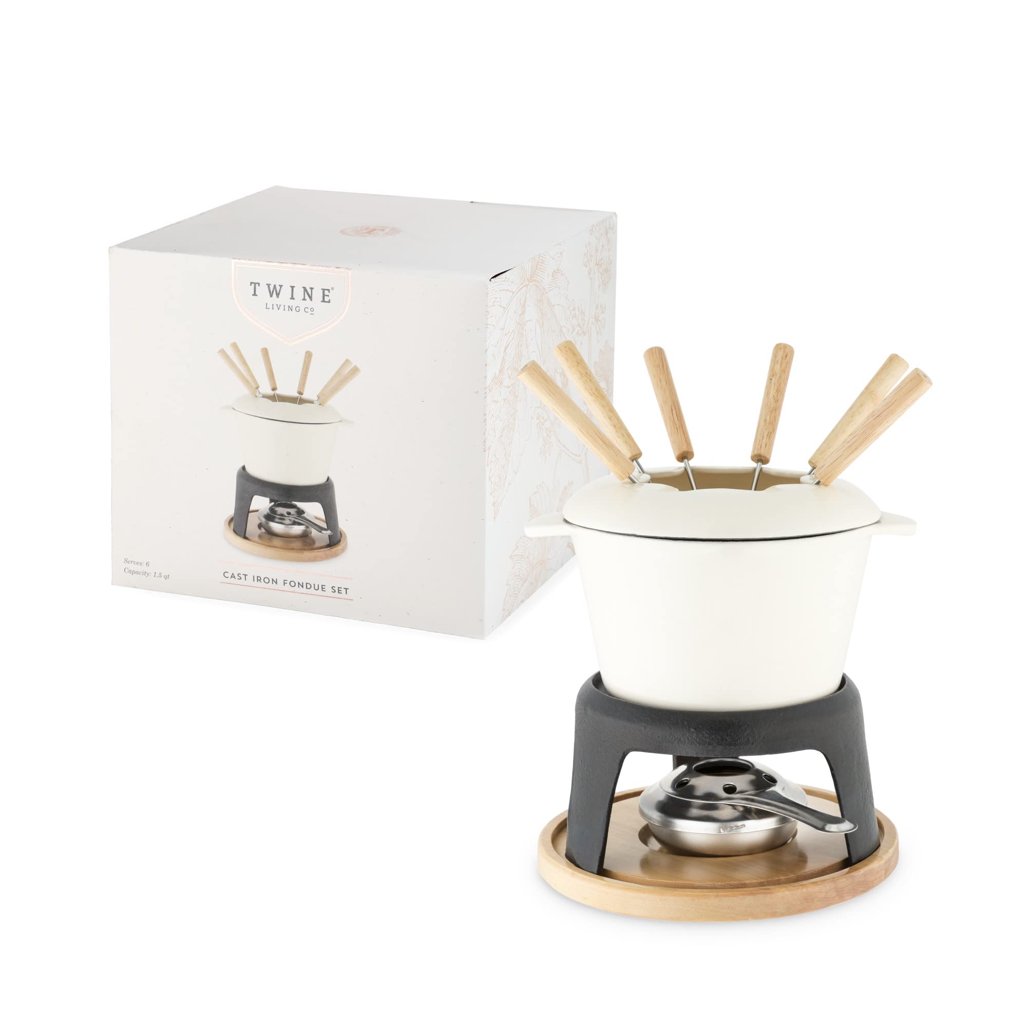 Twine Farmhouse Kitchen Enamel Cast Iron Fondue Set Cheese Melting Pot Metal Stand with Stainless Steel Forks and Chrome Gel Burner  8.5''  Off-Cream