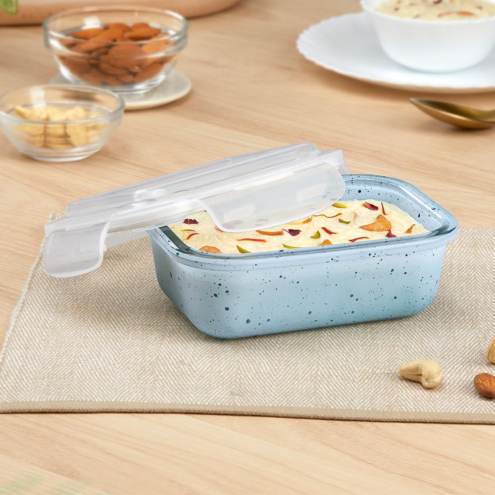 Borosil 370 Ml Blue Food Storage Container With Air Tight Lid | Rectangle Shape Borosilicate Glass Organiser | Microwave & Dishw