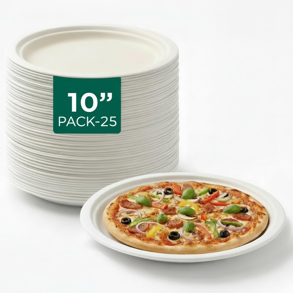 Khaana Packaging Disposable Bagasse Plates 10 Inch | 100% Biodegradable & EcoFriendly | Heavy Duty, Leakproof, Microwave & Free