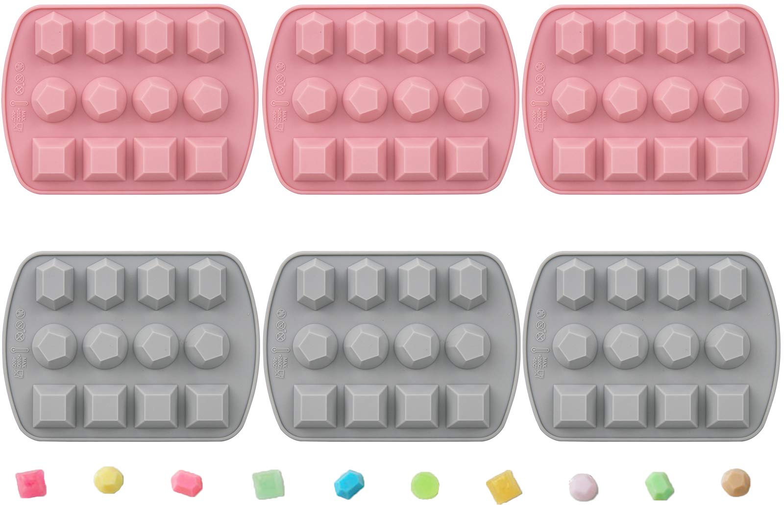 Nicunom 6 Pack Silicone Gem Shapes Candy Molds, 12 Cavity Diamond Cube Tray For Making Jelly, Candy, Chocolate, Cake Decorating,