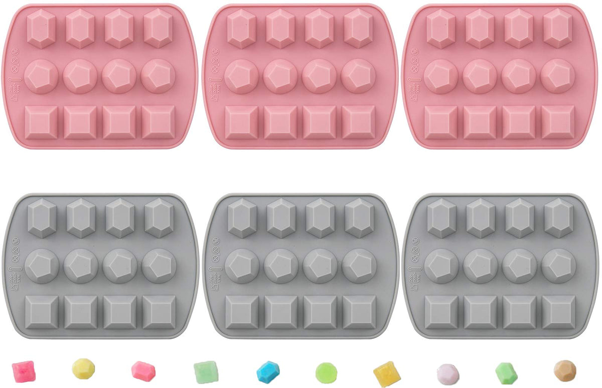 Nicunom 6 Pack Silicone Gem Shapes Candy Molds, 12 Cavity Diamond Cube Tray For Making Jelly, Candy, Chocolate, Cake Decorating,