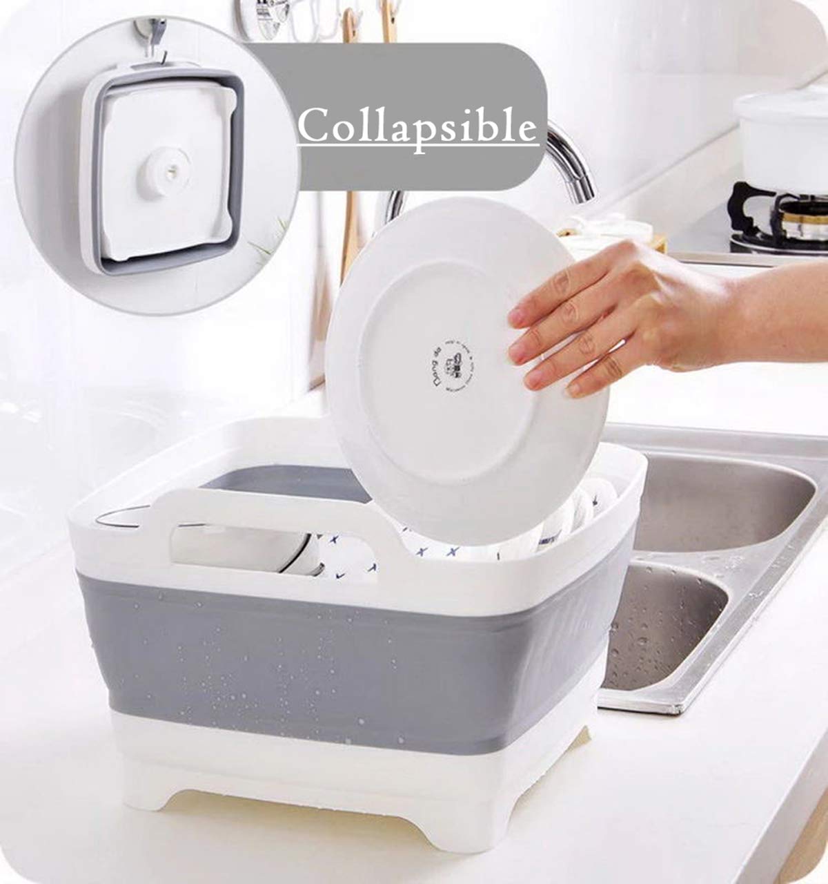 Leemeimei 9L (2.4Gal) Dish Basin Collapsible With Drain Plug Carry Handles,Kitchen Storage Tray Dish Wash Basin, Portable Dish T