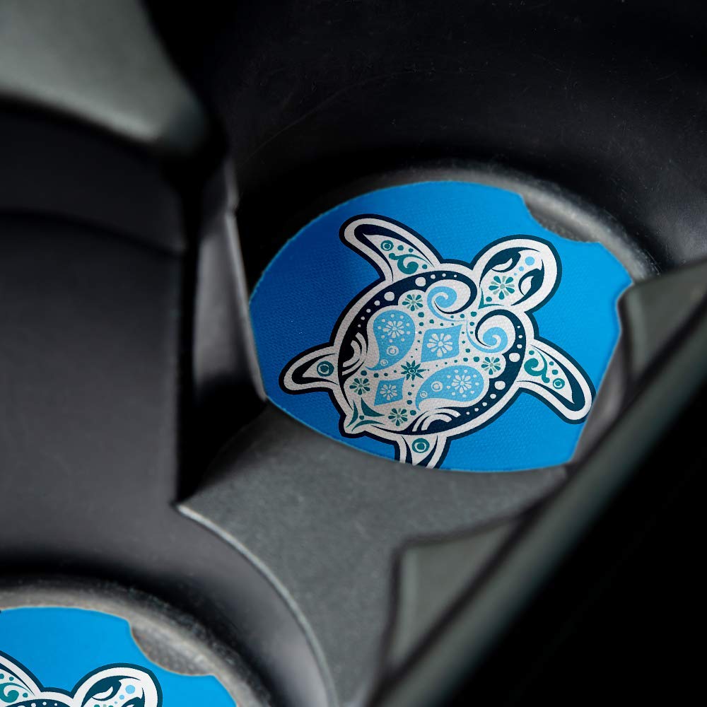 Blue Sea Turtle. Car Coasters For Drinks Set Of 2. Perfect Car Accessories With Absorbent Coasters. Car Coaster Measures 2.56 In