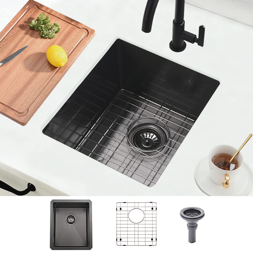 Boomhoze Black Undermount Bar Sink, 15 X 17 Inch Undermount Kitchen Sink Small Wet Bar Sink 16 Gauge Stainless Steel Black Bar S