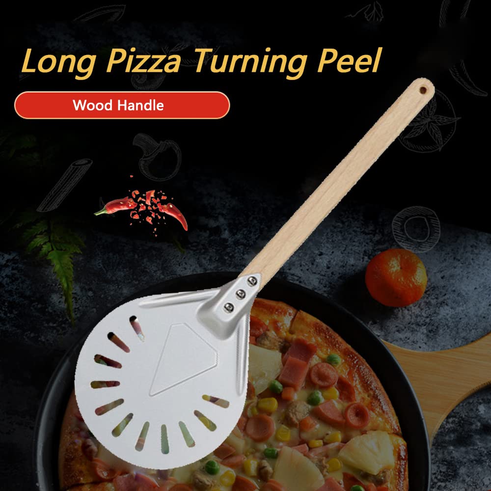 Betterjonny Round Perforated Pizza Peel With Detachable Wood Handle, Aluminum Turning Peel Pizza Paddle Metal Non-Slip Perforate