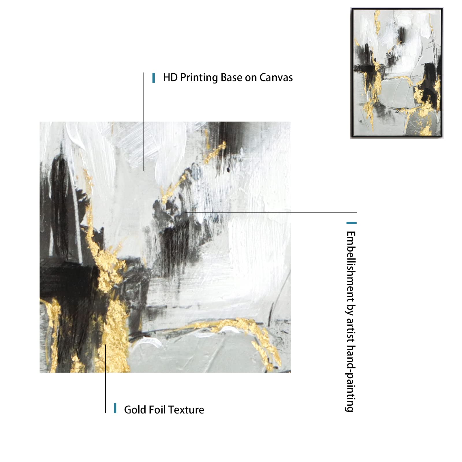 Zessonic Black Abstract Wall Art Decor - 2 Pack 24'' X 36'' Black And Gold Canvas Wall Decor With Hand Texture For Living Room,