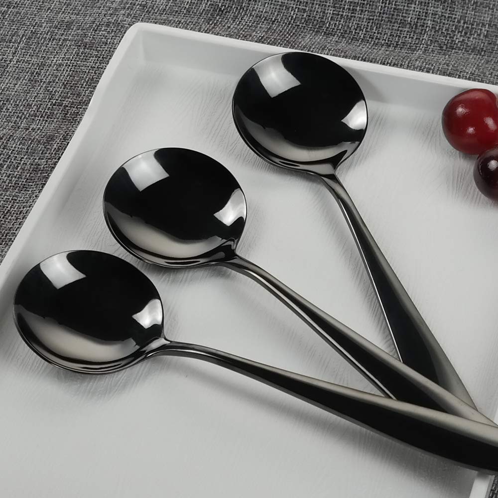 Teyyvn 16-Piece Round Soup Spoons, Black Stainless Steel Bouillon Spoon