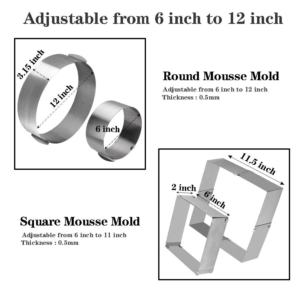 Gutsdoor Adjustable Cake Mold Ring 6-12 Inch Mousse Ring Stainless Steel Cake Mold Set 2-Piece Baking Tool (Square+Round)
