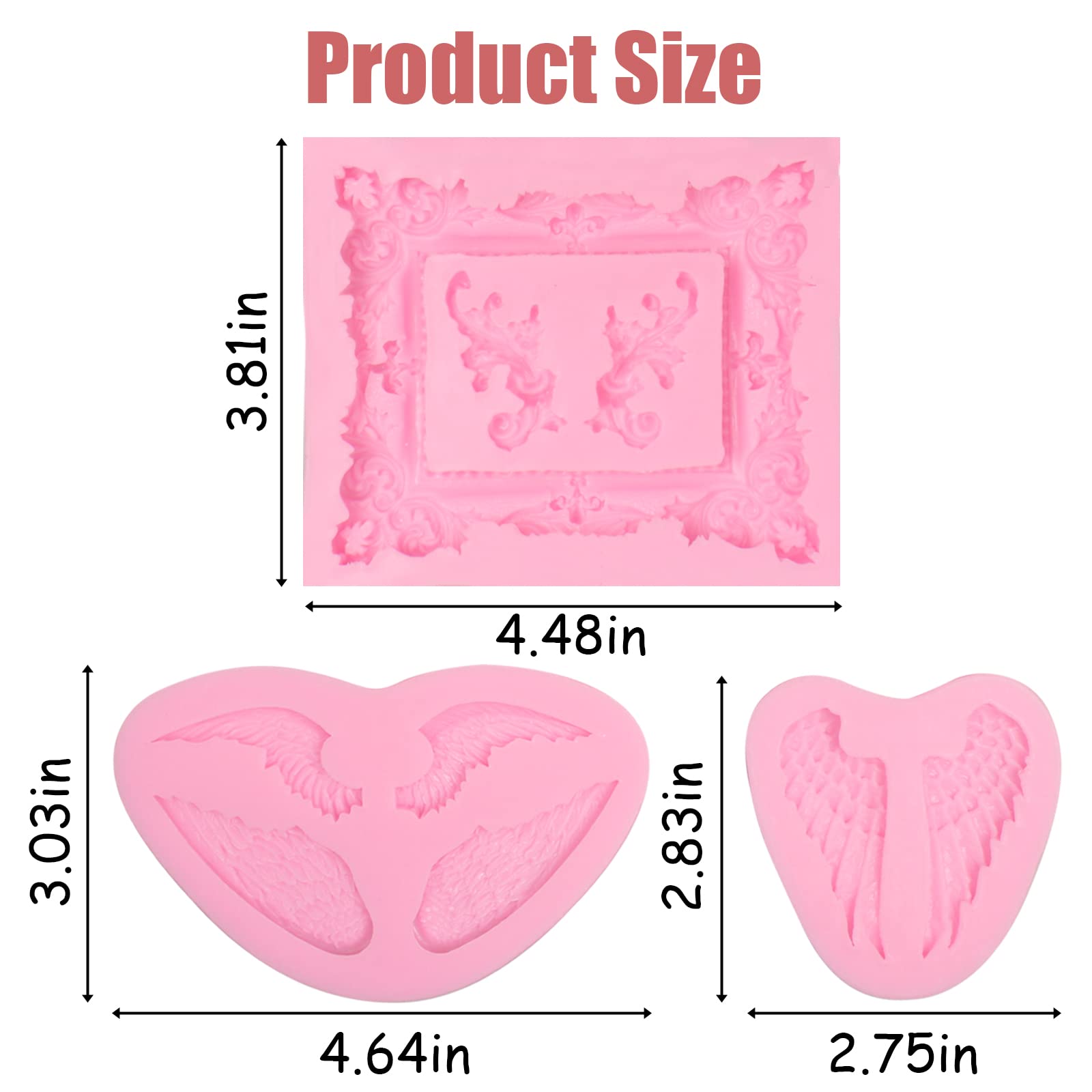 Angel Wings Silicone Molds 3 Pcs, Baroque Photo Frame Fondant Mold For Chocolate Cake Decoration Candy Cupcake Topper Polymer Cl