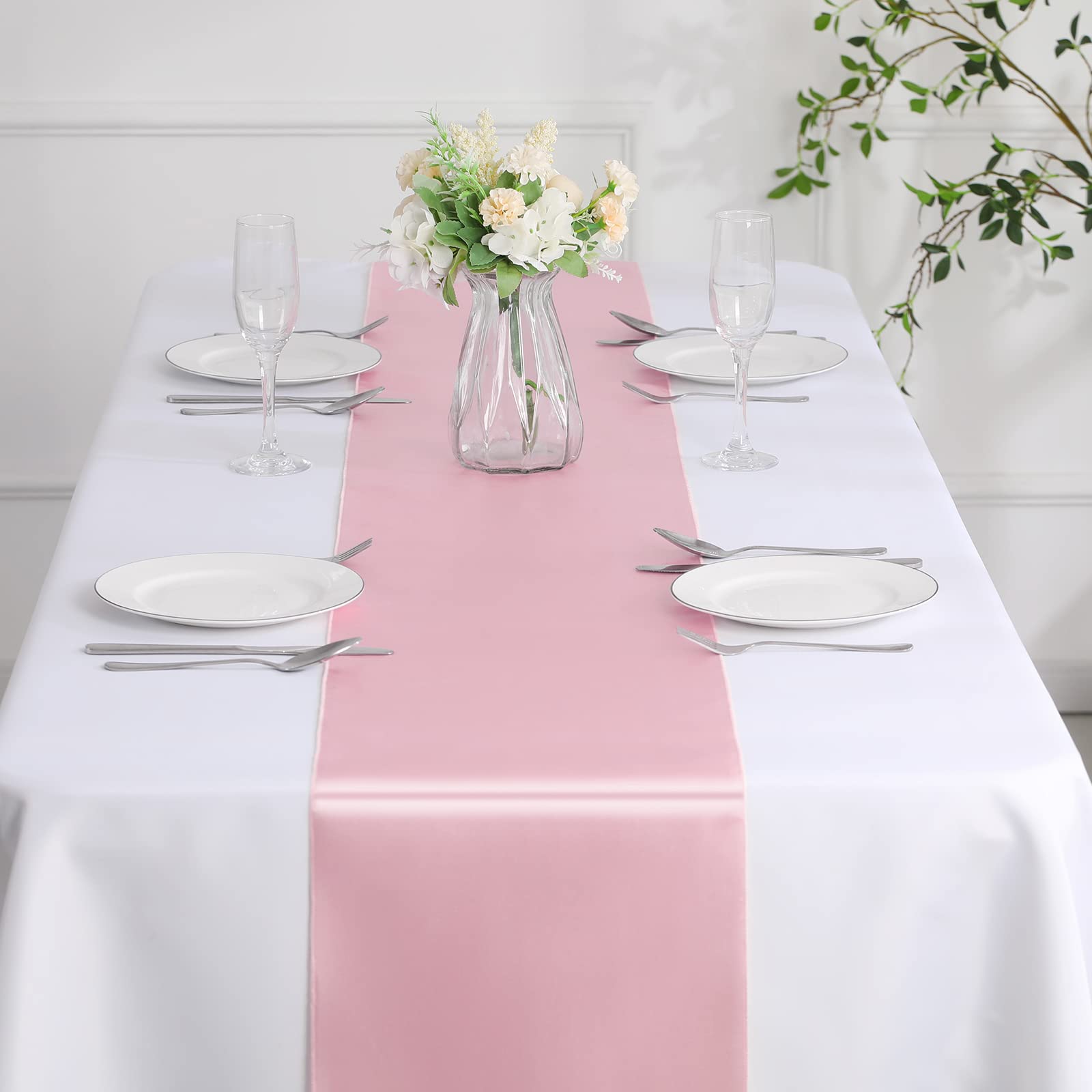 Manyshofu 12Pcs Satin Blush Pink Table Runner - 12 x 72 Inch Long Size  Party Table Runner Decor Bright & Smooth Wedding Decorations Table Runner for Banquet Chef Birthday Buffet Dinner Graduations