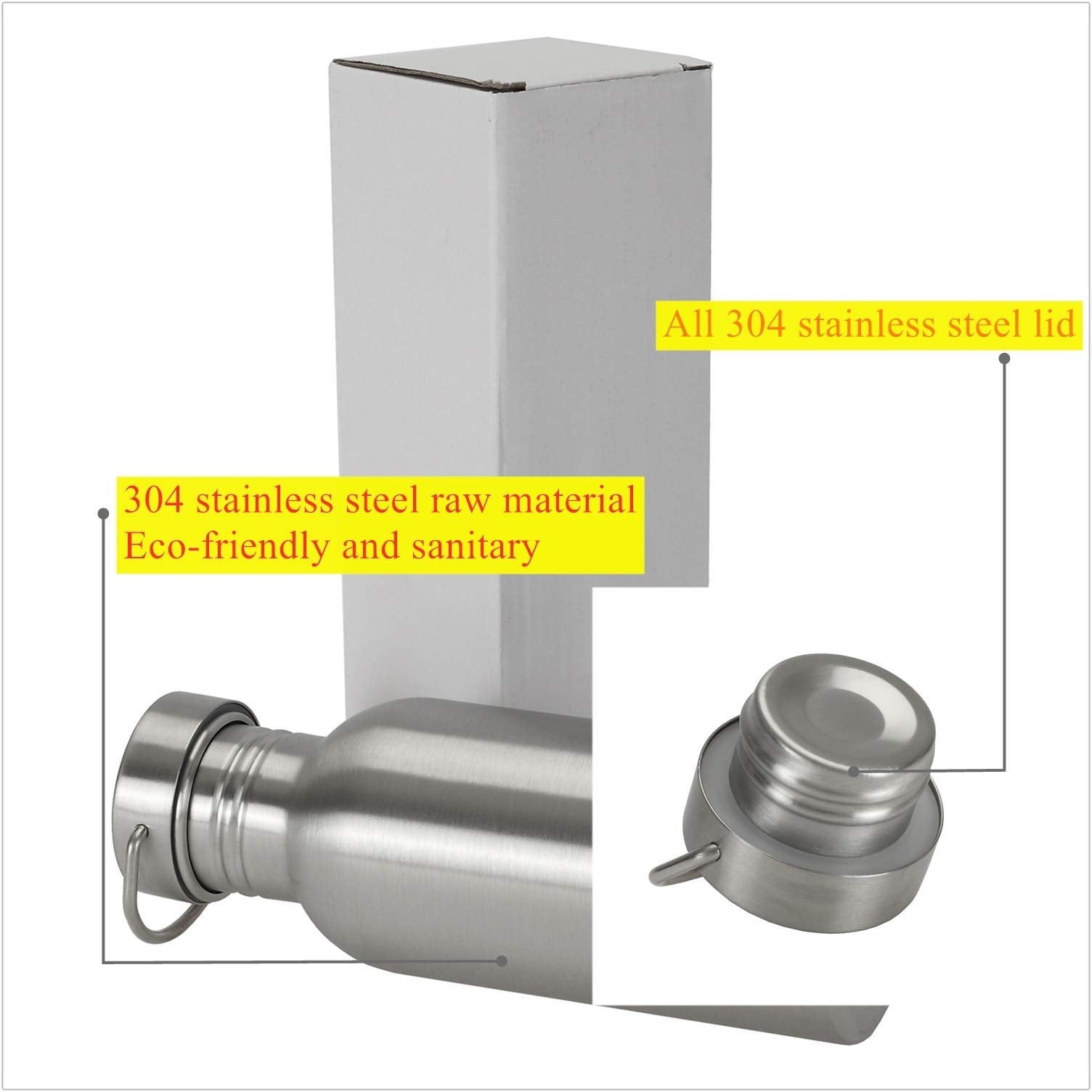 Yopay 2 Pack Sports Water Bottle, 17Oz Single Walled 18/8 Stainless Steel Water Bottle For Cyclists, Runners, Hikers, Beach Goer