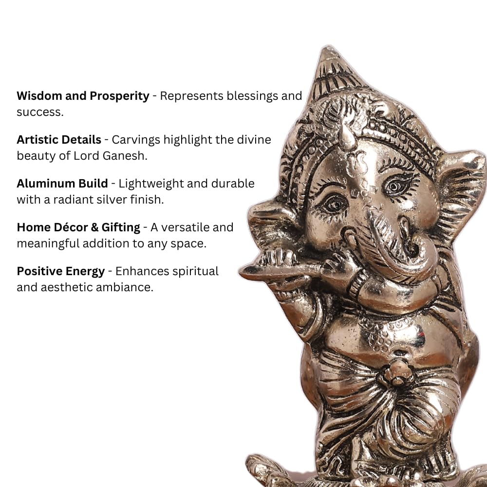Smiles Gift Silver Plated Ganesh Idol With Playing Flute Statue | Aluminium Figurines | Showpiece For Table, Pooja, Mandir & Ret