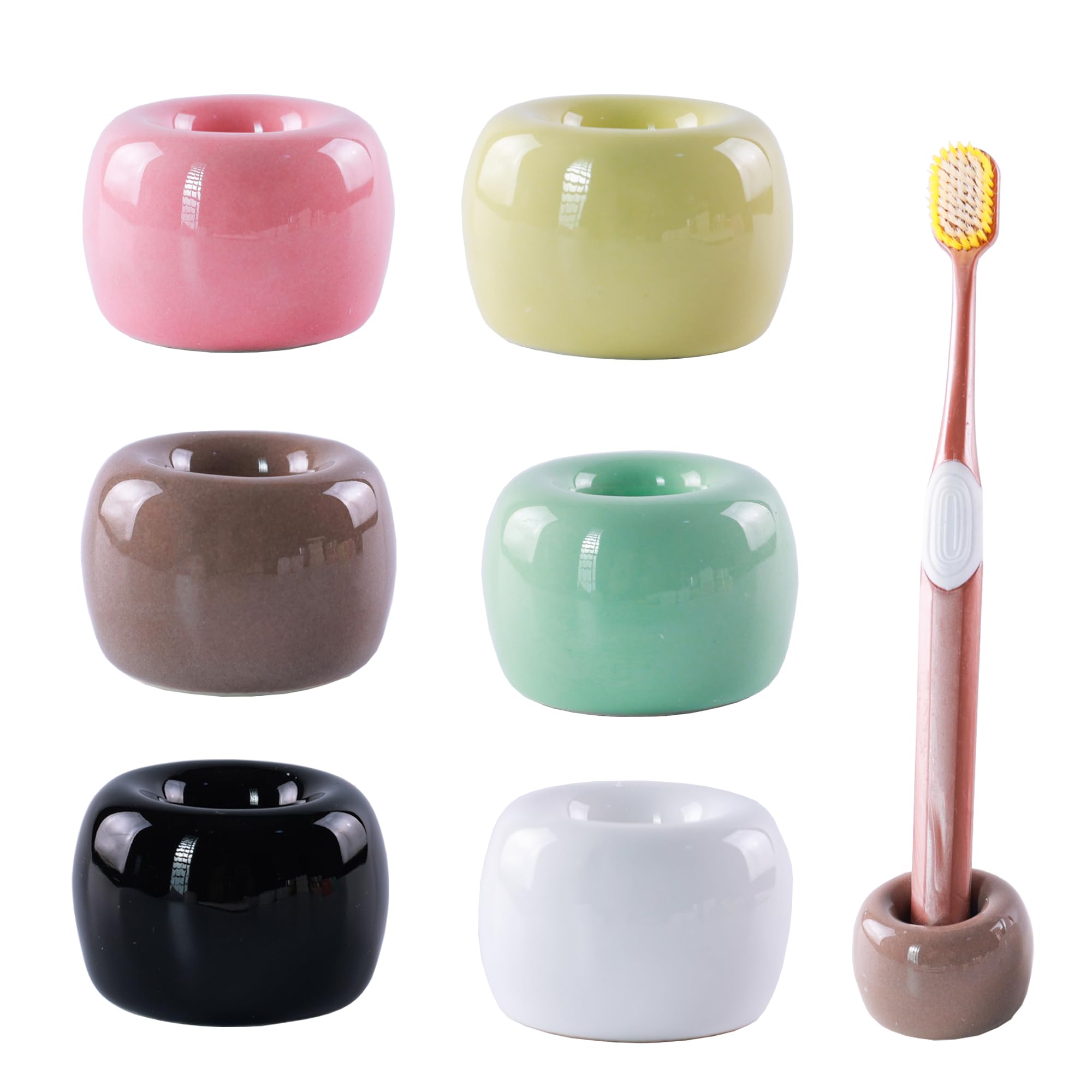 Niuyichee Set Of 6 Sleek Mini Ceramics Toothbrush Holder, Small Ceramic Ring, Perfect Size For Bathroom Vanity Countertops
