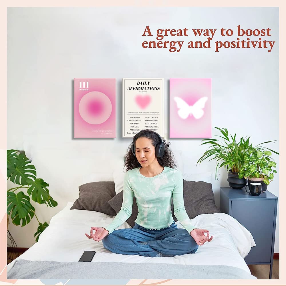 Pink Canvas Wall Art Set Of 3 - Abstract Halo Angel Number Positive Energy Motivational Wall Decor - Ideal For Living Room, Bedr