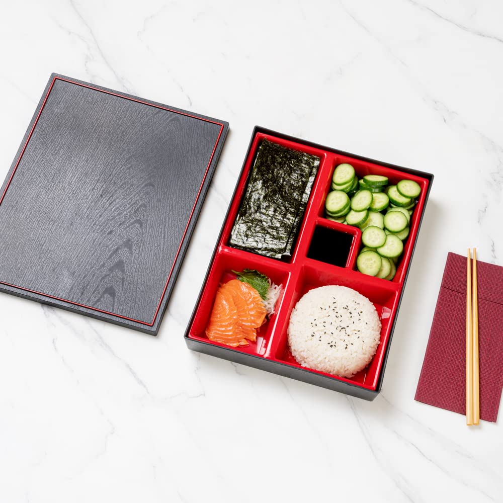 Restaurantware Bento Tek Rectangle Black & Red Large Japanese Style Bento Box - 5 Compartments - 12 1/4'' X 9 3/4'' X 2 1/4'' -