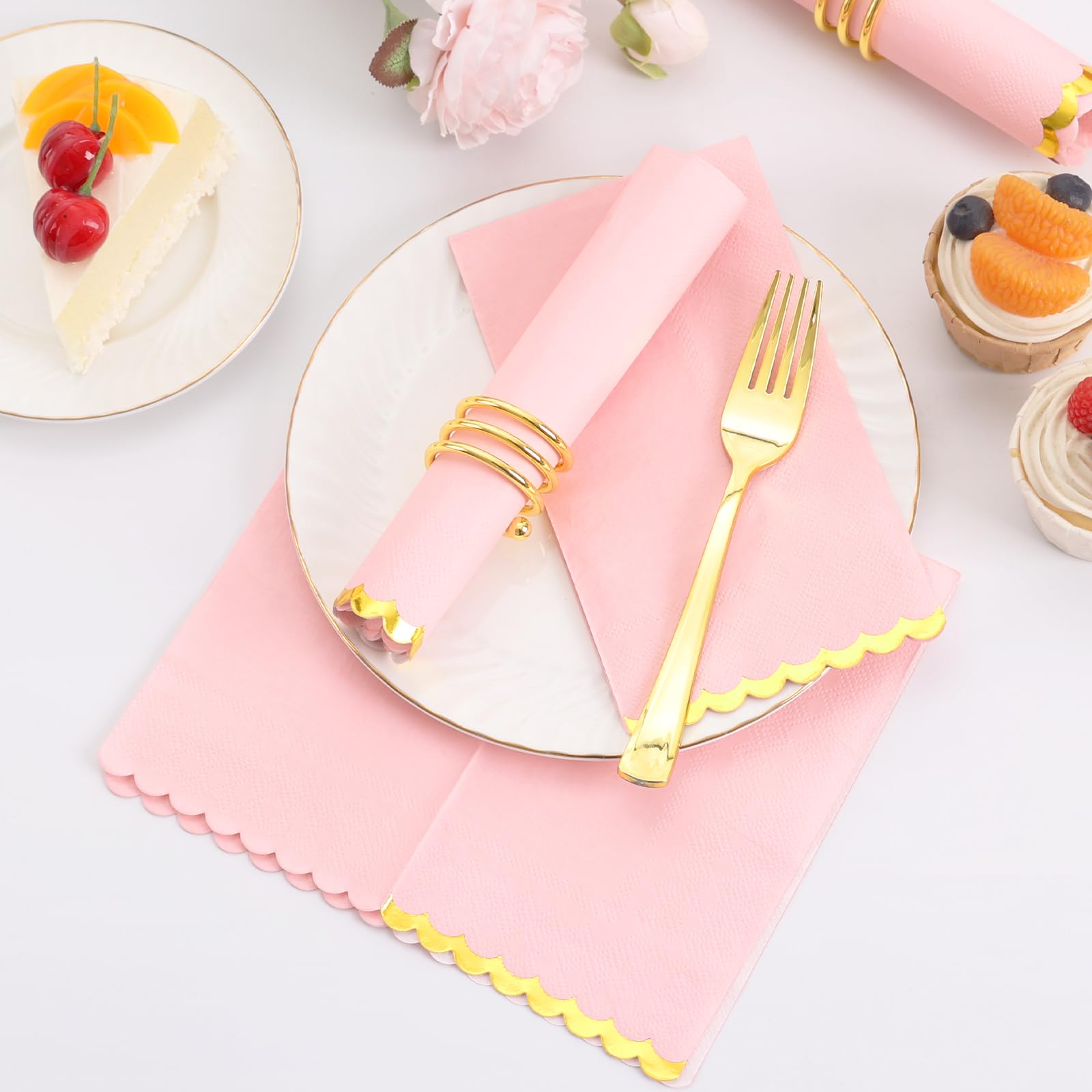 100 Pcs Pink Paper Napkins Disposable, Pink And Gold Party Napkins Pink Scalloped Dinner Napkins For Birthday Wedding Bridal & B