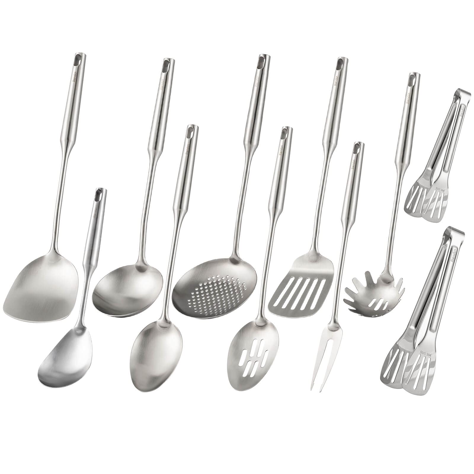 304 Stainless Steel Kitchen Utensils Set, 11 Pcs All Metal Cooking Spoons - 2 Tongs, Fork, Solid Spoon, Slotted Spoon, Spatula,