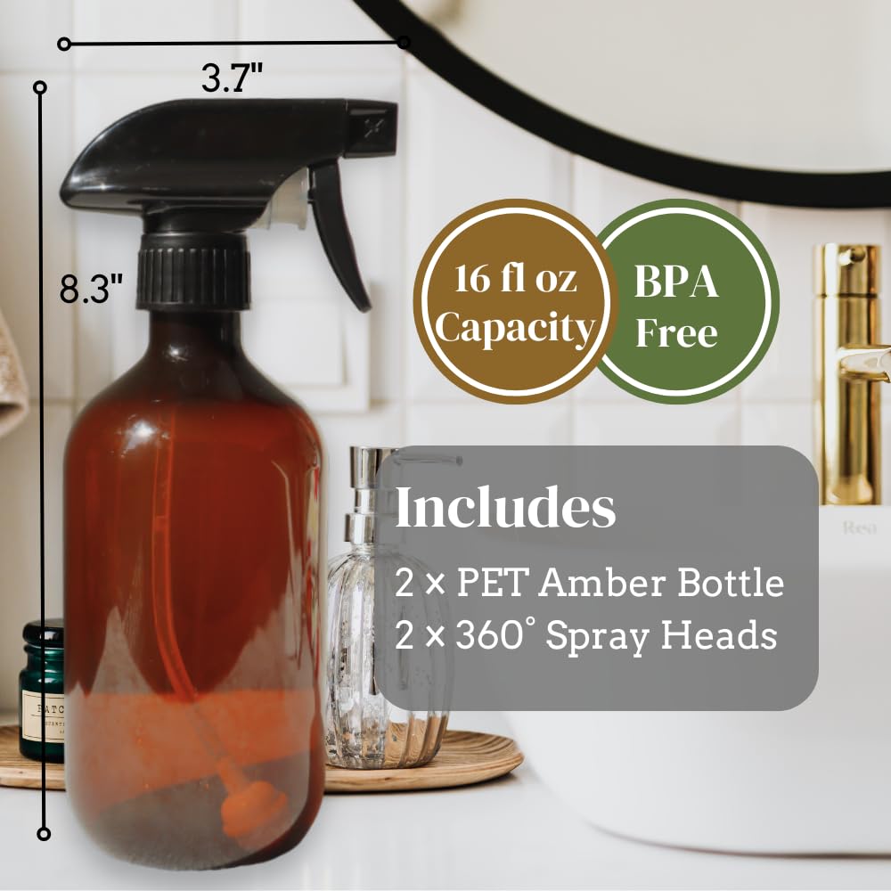 The Green Alcove 360 Spray Bottle (2 Pack) | Upside Down Spray Bottles | All Purpose Plastic Amber Spray Bottles