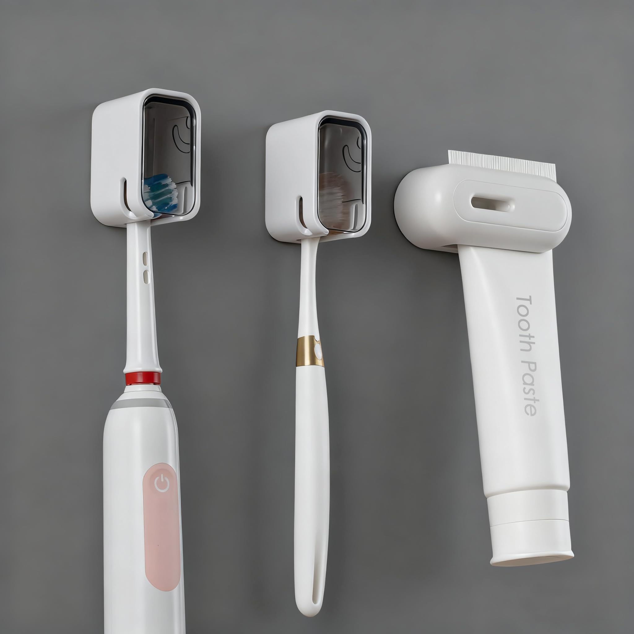 2PCS Toothbrush Holder Wall Mounted for Bathroom with Cover for Shower - with Toothpaste Clip - Single Slot Toothbrush Dispenser