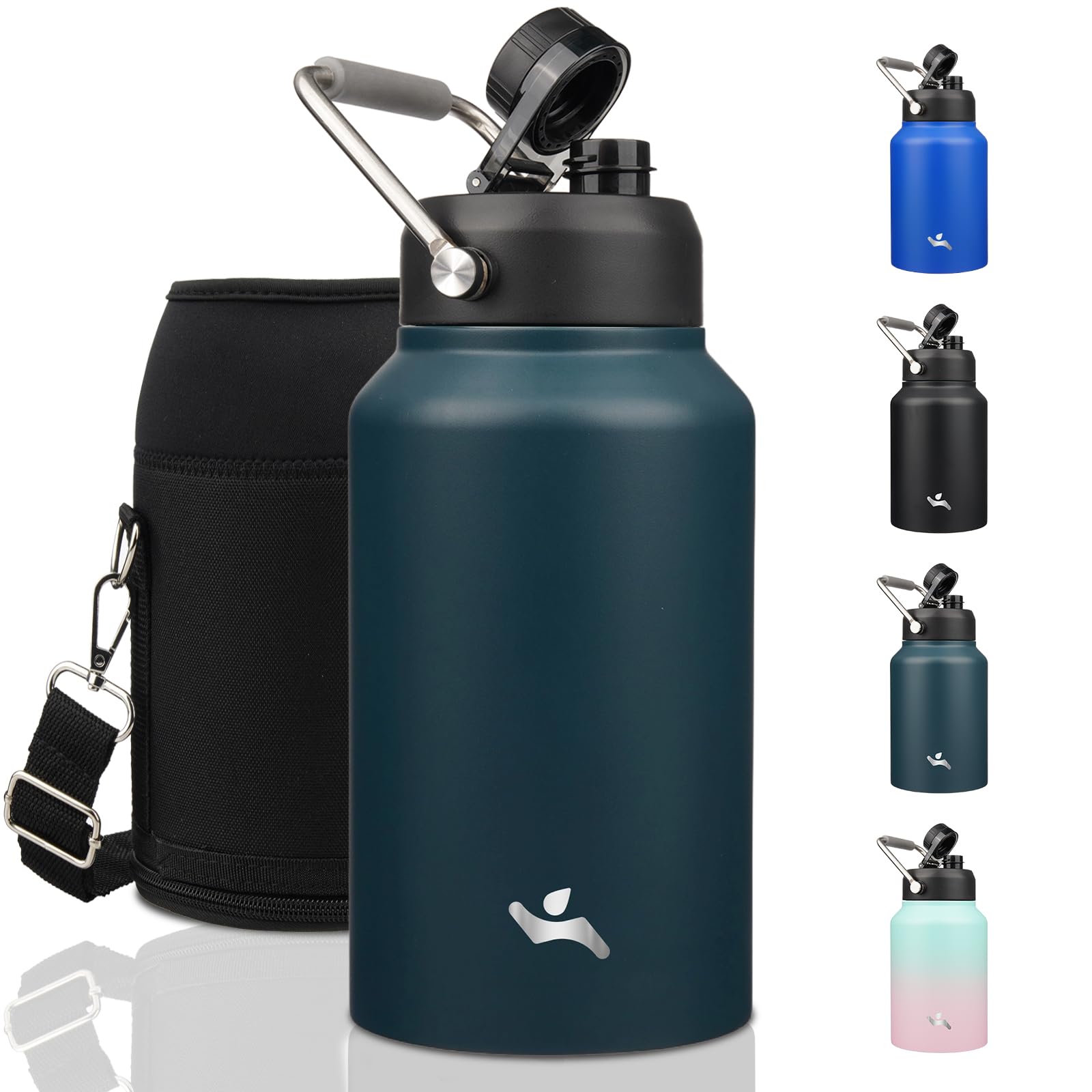 Konokyo Jug with Handle,87 oz Insulated Water Bottle with Carrying Pouch, Double Wall Vacuum Stainless Steel Metal Bottle,Navy b
