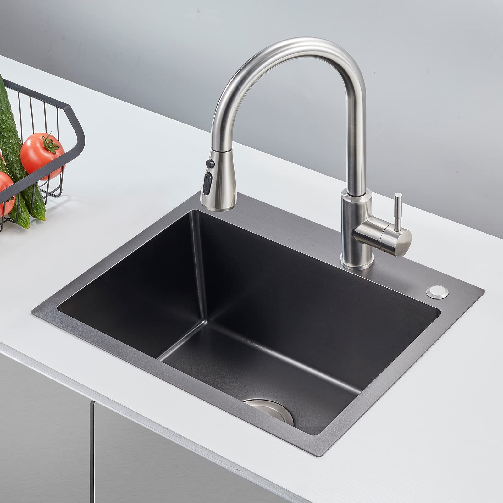 Popfly 25 Inch Drop In Kitchen Sink, 25X18 Stainless Sink Drop-In Black Topmount Bar Sink, 9 Inch Deep 18 Gauge Single Bowl Over