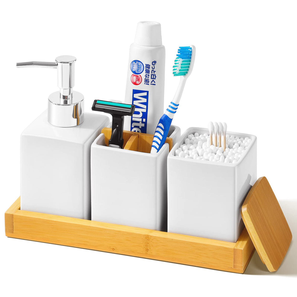 Vitviti Bamboo Bathroom Accessories, White Bathroom Organizer Countertop, Soap Dispenser And Toothbrush Holder Set, Vanity Tray