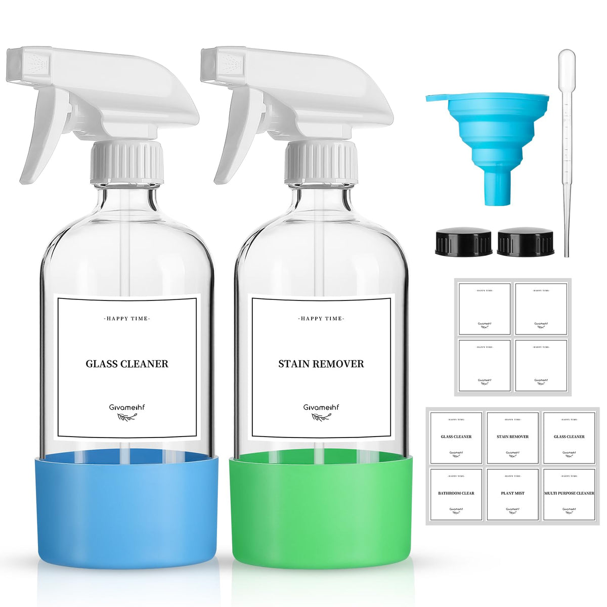 Givameihf 2 Pack Glass Spray Bottles With Silicone Sleeve,16Oz Clear Glass Spray Bottles Refillable Empty Bottle With Adjustable